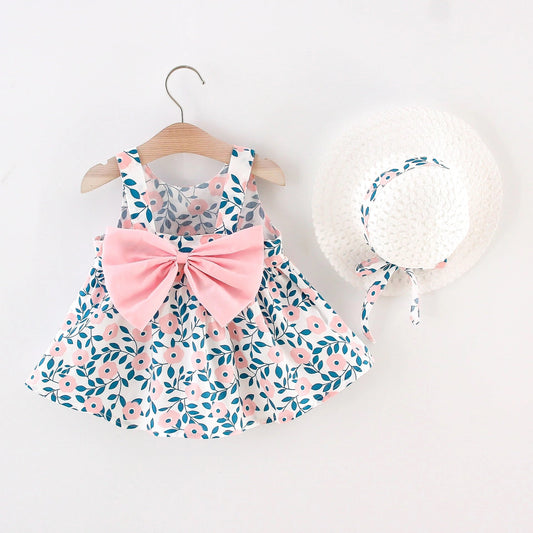 Floral Print Bowknot Sleeveless Baby Dress & Hat