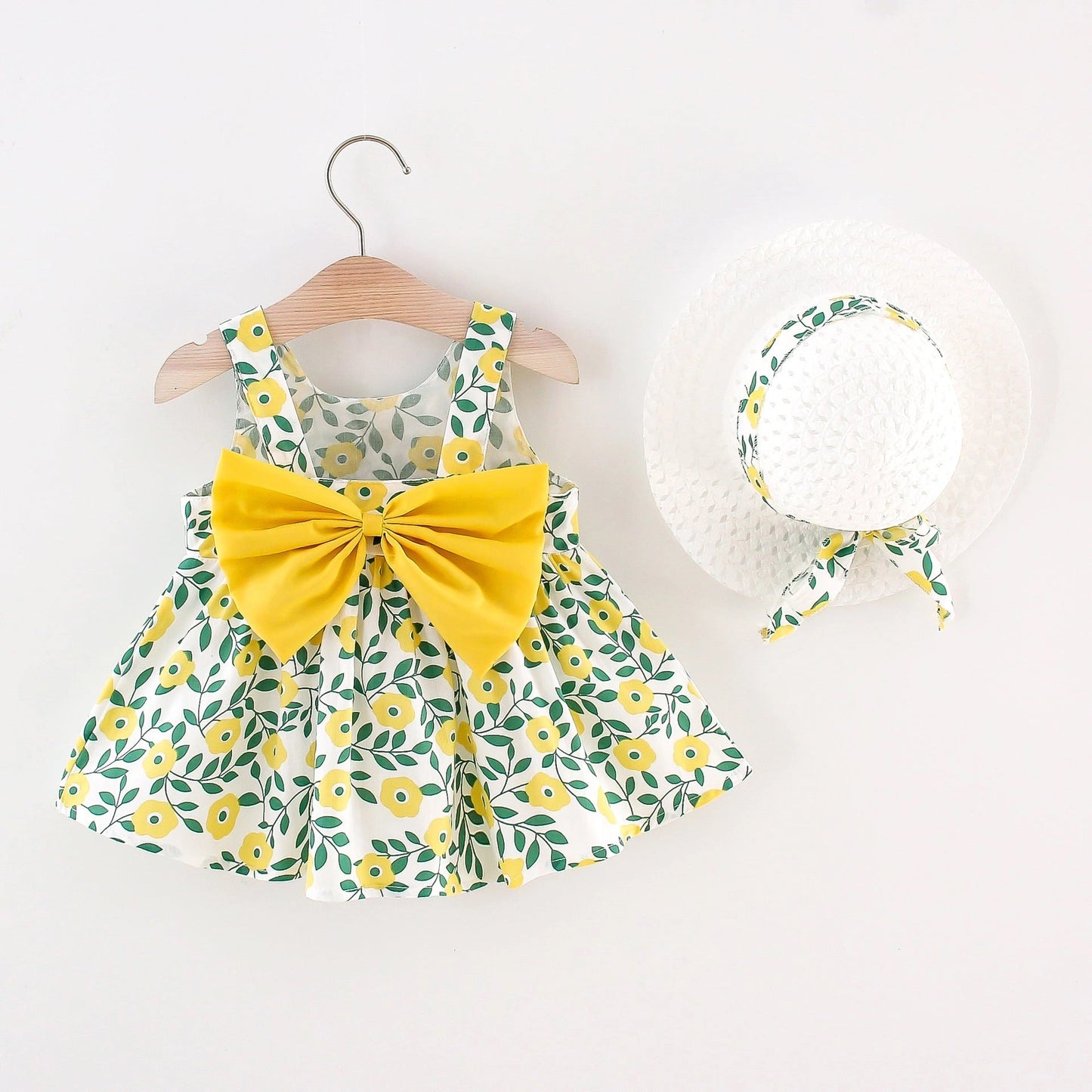 Floral Print Bowknot Sleeveless Baby Dress & Hat