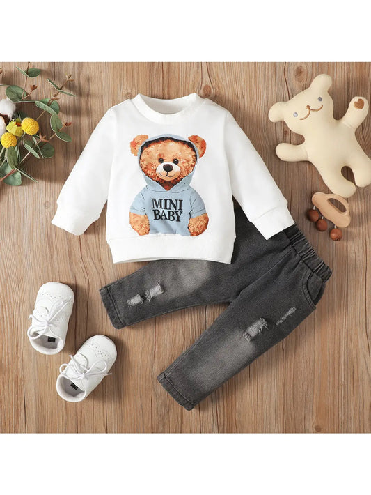 Baby Boy 100% Cotton Ripped Jeans & Bear Sweatshirt Set