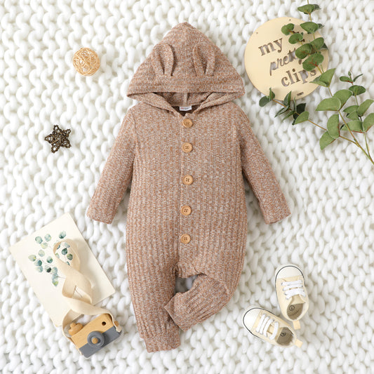 Baby Boy Heathered 3D Ears Hooded Button Down Jumpsuit